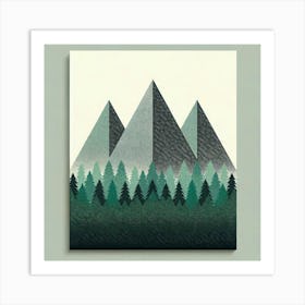 "Emerald Ascend"   Sharp geometric peaks rise above a dense forest, their facets creating a play of light and shadow. The emerald tones of the trees give way to the cool greys of the mountains, crafting a modern landscape filled with tranquility and a sense of adventure. This artwork, with its clean lines and textured surfaces, brings a contemporary edge to the timeless allure of mountainous terrain. Art Print