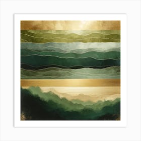 "Golden Waves: Abstract Maritime Elegance"  Experience the serene motion of "Golden Waves," an abstract maritime artwork that embodies elegance and tranquility. The rich layers of green and gold capture the rhythmic beauty of the sea's endless waves. Perfect for those seeking to infuse their space with the sophisticated calm of an oceanic horizon. This piece is a harmonious blend of natural inspiration and artistic vision, ideal for enhancing any decor with a touch of abstract coastal charm. Art Print