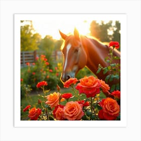 Horse In Rose Garden Art Print