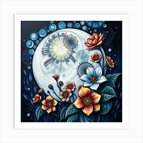 Clock And Flowers Art Print