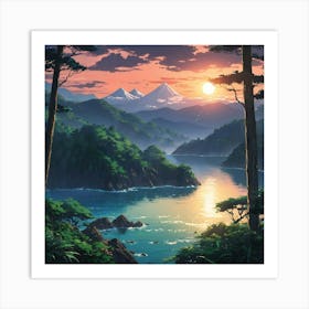 Serene Sunset Over A Tranquil Mountainous Lake Surrounded By Lush Forest Art Print