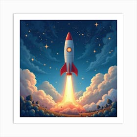 Rocket In A Watercolor Star Studded Celestial Field 1 Art Print