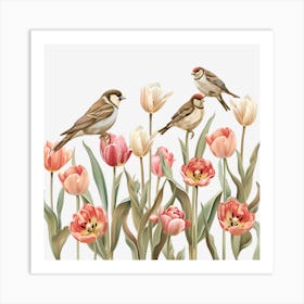 Birds And Tulips Art Print