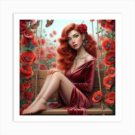 Red Haired Girl In Red Poppy Field Art Print