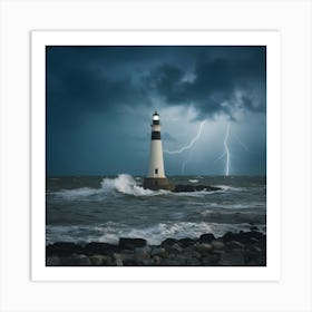 Lightning Storm Over A Lighthouse Art Print