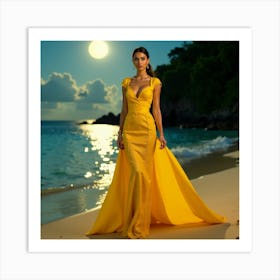 Beautiful Woman In Yellow Dress On The Beach Art Print