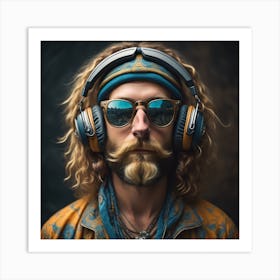 Man With Beard And Headphones Art Print