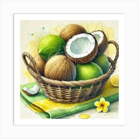 Watercolor's Basket Full Of Coconuts 4 Art Print