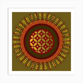 MidMod Boho Abstract Celestial Mandala Geometric in Olive, Gold and Red Art Print