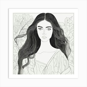 Female Line Drawing With Long Flowy Hair In The St (2) Art Print