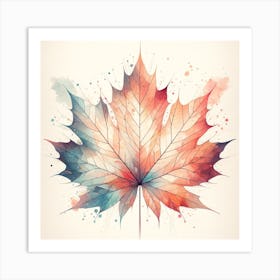 Title: "Seasonal Symphony: The Watercolor Maple"  Description: "Seasonal Symphony" is a beautifully crafted watercolor representation of a maple leaf, captured at the moment of seasonal transition. The artwork is a kaleidoscope of warm autumnal shades blending into the cool tones of impending winter, symbolizing the cyclic dance of the seasons. Each brushstroke and splash of color tells a story of change, growth, and renewal. This leaf, with its spectrum of colors, mirrors the beauty of life's various phases. It's a visual harmony that resonates with the soulful changes of the environment, making it a magnificent addition to any space that celebrates the natural world's rhythmic and colorful journey through time. Art Print