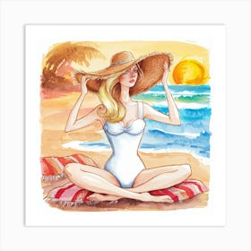 Watercolor Of A Woman On The Beach Art Print