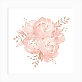Pink Roses On White Rose Gold Art Print