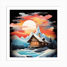 Abstract painting snow mountain and wooden hut Art Print