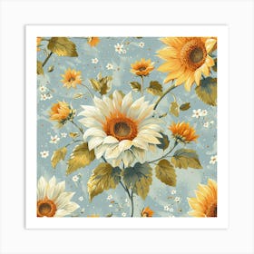 Sunflowers On A Blue Background Art Print