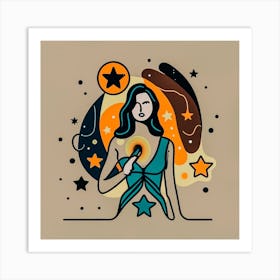 One Line, Digital Art, Woman At Glowing Star And Moon Art Print