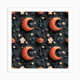 Seamless Pattern With Flowers And Moon Art Print