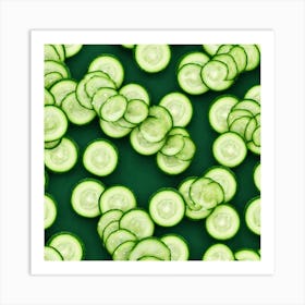 Cucumber Slices On Green Background Art Print