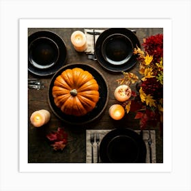 Autumnal Table Setting Cradling A Half Carved Roasted Pumpkin Candlelight Flickering Within Casting Art Print