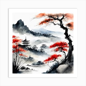 Japanese Landscape Painting Sumi E Drawing (4) Art Print