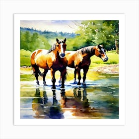 Horses In Water Art Print