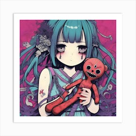 Anime Girl Holding Teddy Bear Art Print