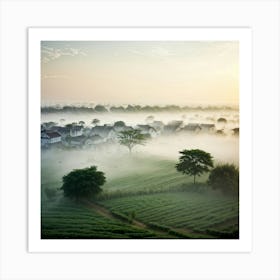 Fog Draping Over An Undulating Landscape Where Nature Meets Urban Sprawl Intertwining Villages And Art Print