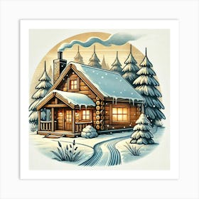 Cozy Cabin In The Snow Printed Art A Peaceful Illustration Of A Snowy Winter Cabin, Perfect For Bringing The Warmth And Comfort Of A Winter Retreat Into Any Space Printed Art Art Print