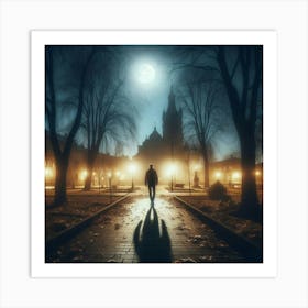 Man Walking In The Park At Night Art Print