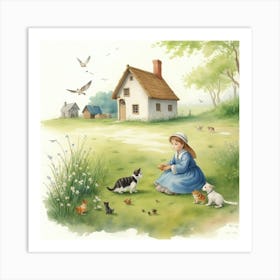 Girl And Her Cats Art Print