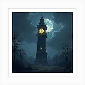 A Giant Enchanted Clock Tower, Glowing In A Stormy Sky 1 Art Print