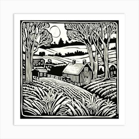 Farm At Night Linocut Art Print