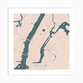 Manhattan New York Pink and Blue Cute Script Street Map Art Print
