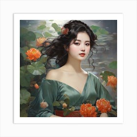 Chinese Girl With Lotus Flowers Art Print