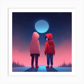 Two People Looking At The Moon Art Print