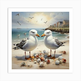 Seagulls On The Shore Square Art Print 0 Art Print