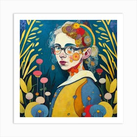 Girl With Glasses And Flowers Art Print