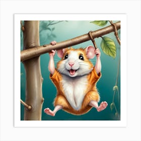 Hamster Hanging On A Tree Branch Art Print