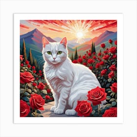 Cat In Roses Art Print