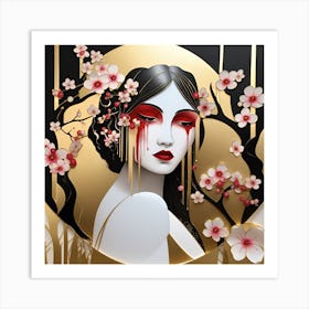 Asian Woman With Cherry Blossoms Gothic Japanese textured Monohromatic Art Print