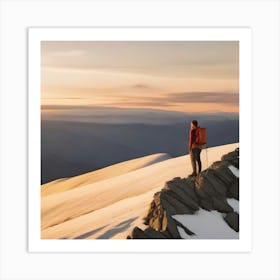 Hiker On Top Of A Mountain Art Print