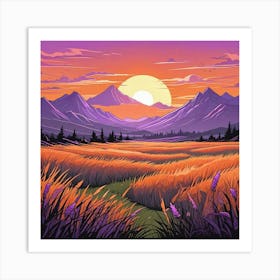 Summer Landscape Sunset In The Desert Cartoon Style Sunset Landscape With Grass Field And Trees (3) Art Print