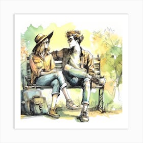 Couple Sitting On A Bench Art Print