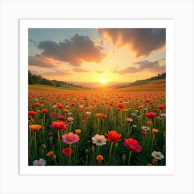 A Picturesque View Of A Field Of Colorful Wildflowers Under A Sunset Sky 5 Art Print