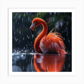 Flamingo In Rain Art Print