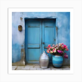 Blue wall. An old-style door in the middle, silver in color. There is a large pottery jar next to the door. There are flowers in the jar Spring oil colors. Wall painting.14 Art Print