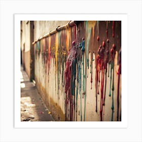 A colorful, abstract image of paint dripping down a brick wall. Art Print