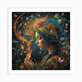 Moon And The Flowers The Magic of Watercolor: A Deep Dive into Undine, the Stunningly Beautiful Asian Goddess Art Print