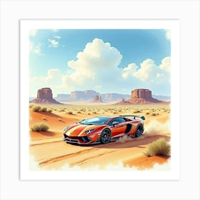 Exotic Car By A Scenic Desert, Watercolor Painting 1 Art Print