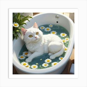 White cat in tub Art Print